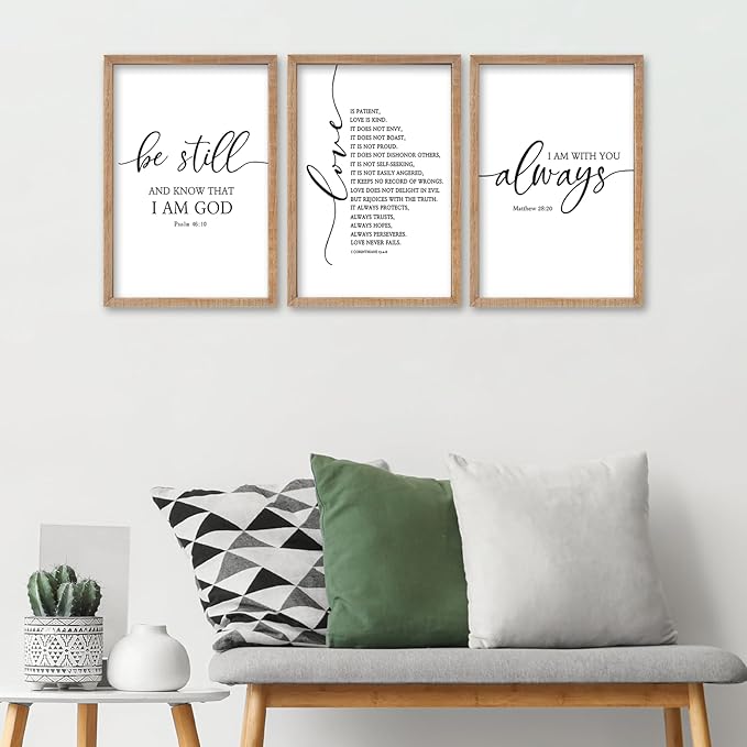SRSZHIYUE Bible Verses Wall Decor Be Still Love Is Patient I Am With You Always 16"×11" Set of 3 Wooden Framed Scripture Living Room Wall Hanging Art (Wood)