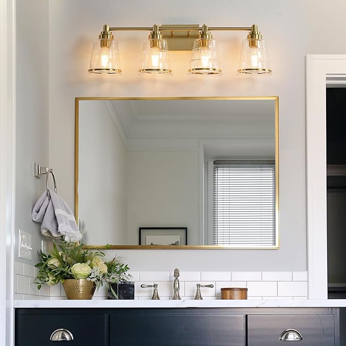 Gold Bathroom Vanity Light Fixture, 4 Light Bathroom Light Fixtures Over Mirror with Clear Glass Shade and Metal Base Wall Sconce, 29.1inch Modern Vanity Light for Bathroom(Exclude E26 Bulb)