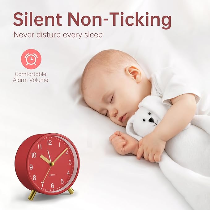 Analog Alarm Clock, 4 inch Super Silent Non Ticking Small Clock with Night Light, Battery Operated, Simple Design, easy setting for Office, Bedroom, Bedside, Desk, teens, elders, kids, adult, Red