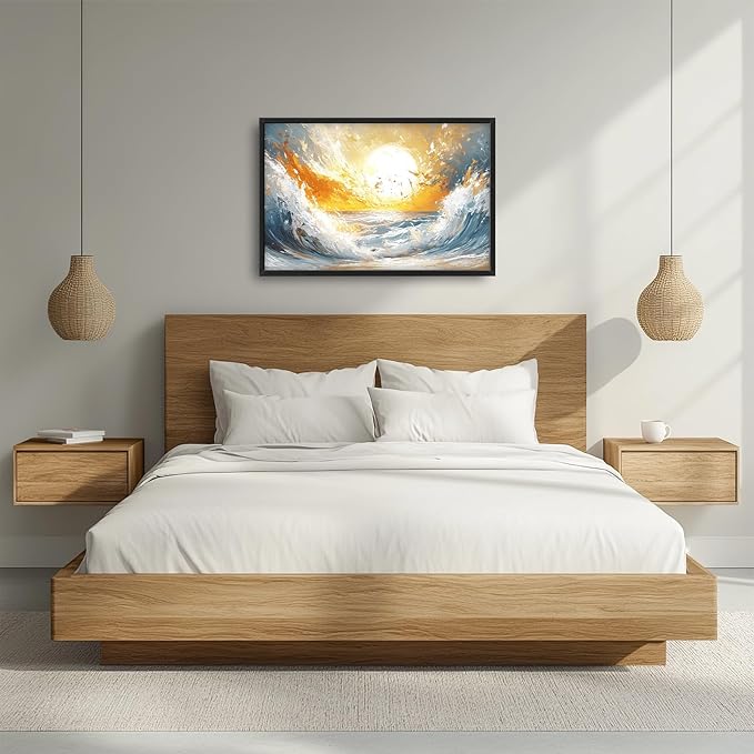 Trulave Ocean Sea Framed Wall Art for Living Room, Large Waves Canvas Wall Decor, Vintage Beach Sunset Pictures, Modern Artwork for Bathroom Bedroom 36L'' × 24W''