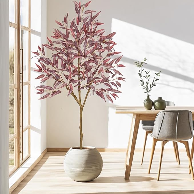 Briful 6ft Artificial Eucalyptus Tree in Black Pot, Realistic Silk Potted Floor Plant Eucalyptus Plant for Home Decor Indoor Outdoor Patio Office, Burgundy Leaf