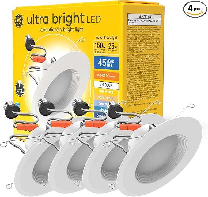 GE Ultra Bright LED Recessed Downlight Fixture, RS6 Indoor Floodlight, 6-Inch, Multiple Color Temperatures, 150 Watt Replacement (4 Pack)