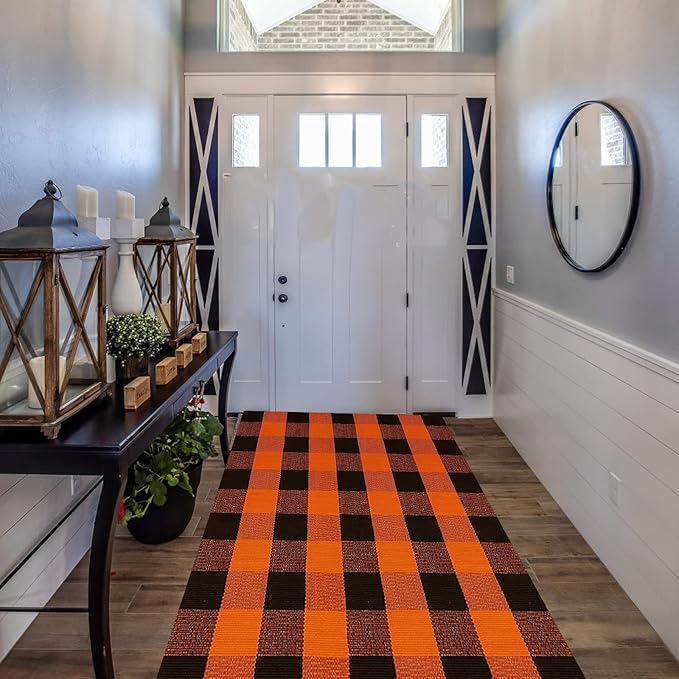 SEEKSEE Cotton Buffalo Plaid Rug 3'x5' Orange and Black Checked Rug Washable Doormats Indoor Outdoor Rugs for Layered Front Door Mats, Porch, Kitchen, Farmhouse, Entryway