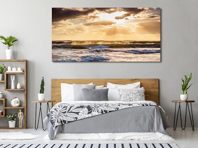 Sunset Ocean Canvas Wall Art - Ocean Waves Wall Decor Glow Sea Scene Picture Painting Nature Landscape Prints Sunset Over the Ocean Painting Artwork Living Room Bedroom Office Home 29" x 58"