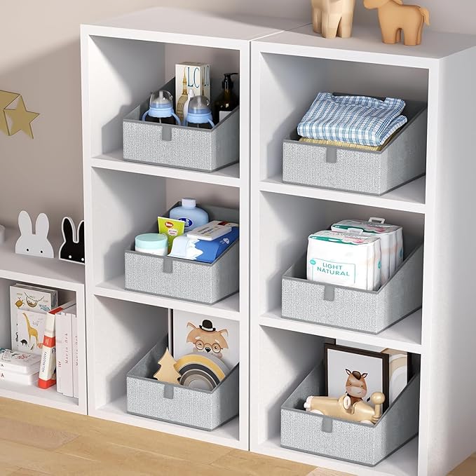 DIMJ Closet Storage Bins 10 Pack - Fabric Trapezoid Closet Organizer Bin, Foldable Storage Baskets for Shelves, Closet Shelf Organizer, Clothing Storage Box for Toys, Books, Towel, Clothes, Gray