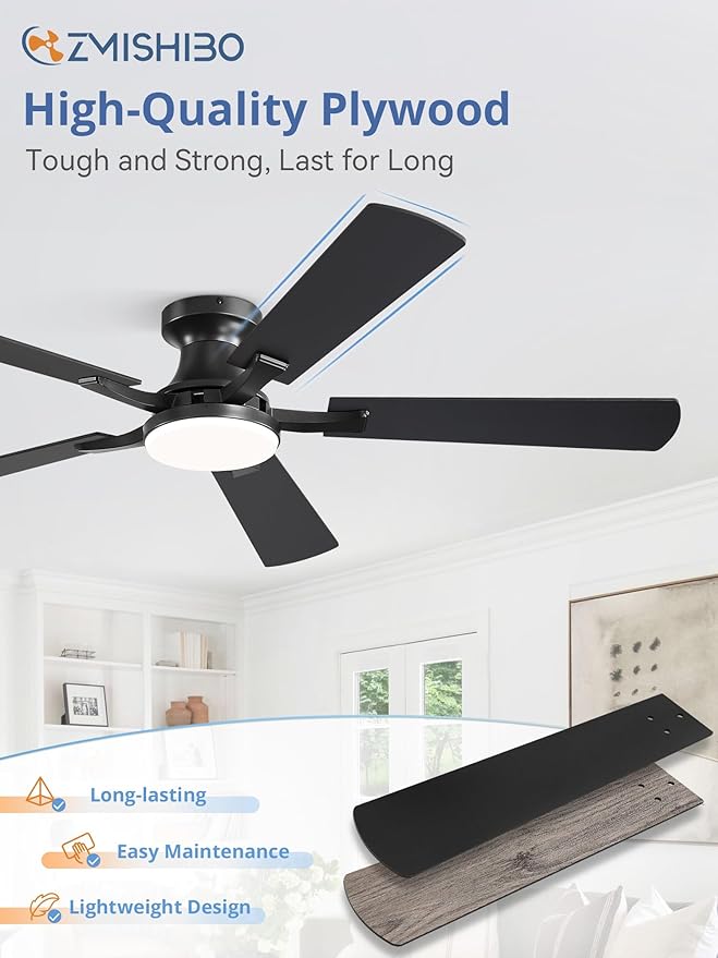 ZMISHIBO 60 Inch Ceiling Fan with Light, App&Remote Control, Flush Mount Low Profile, Dimmable 20W LED Light, Quiet Reversible Motor for Bedroom, Living Room, Apartment, Black