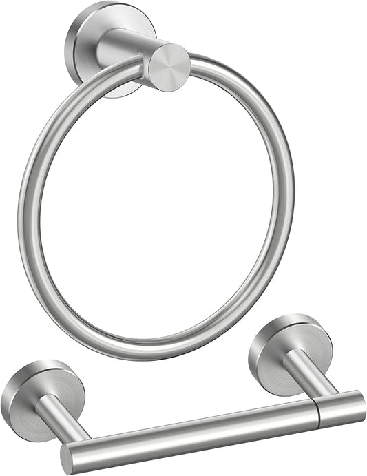 FORIOUS Toilet Paper Holder Wall Mount, SUS304 Stainless Steel Double Post Pivoting Tissue Roll Holder and Hand Towel Ring Set for Bathroom, RV, Bathroom Hardware Accessories Set, Brushed Nickel