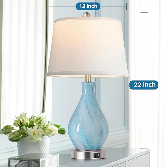 Modern Accent Table Lamp Set of 2 Touch Control, 22" Faded Swirl Blue Gray Art Glass Bedside Lamp with USB Ports, 3-Way Dimmable Hand Crafted Nightstand Lamps White Drum Shade for Living Room Bedroom