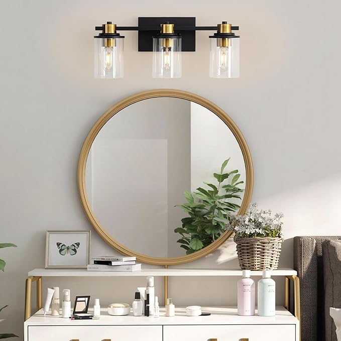 LOUSACE Bathroom Lighting Fixtures Black and Gold 3 Light Bathroom Vanity Light Over Mirror with Clear Glass Shades, Brushed Gold Socket Wall Vanity Lighting Fixtures for Bedroom Living Room