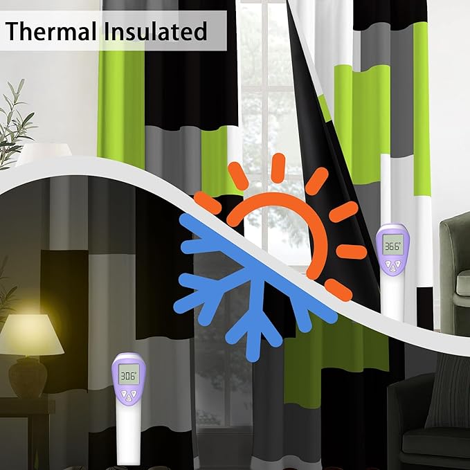 Lime Green 100% Blackout Curtains for Bedroom 63 inch Length 2 Panels Set Light Fresh Modern Abstract Geometric Black Out Curtains Insulated Room Darkening Window Drapes for Living Room, 52Wx63L