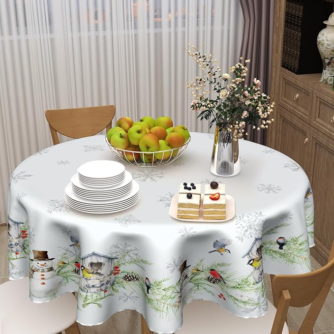 Winter Xmas Tablecloth White Winter Snowman Round Tablecloth 60inch Merry Christmas Tablecloth Round Winter Table Cloth Snowflake Table Cover for Home Kitchen Dinner Holiday Party Indoor Outdoor Decor