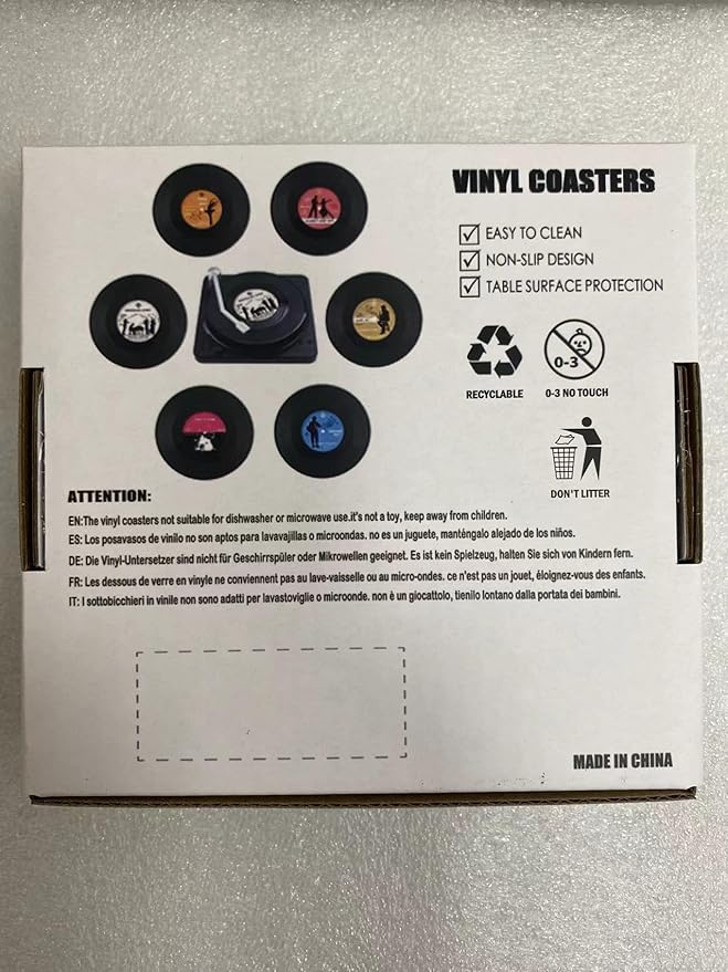 Valdivia Funny Retro Vinyl Record Coasters with Player, 6 Pcs Music Coasters for Drinks, Bars, Party, Birthday Gifts for Music Lovers, Home Decor Housewarming and White Elephant Gifts Ideas