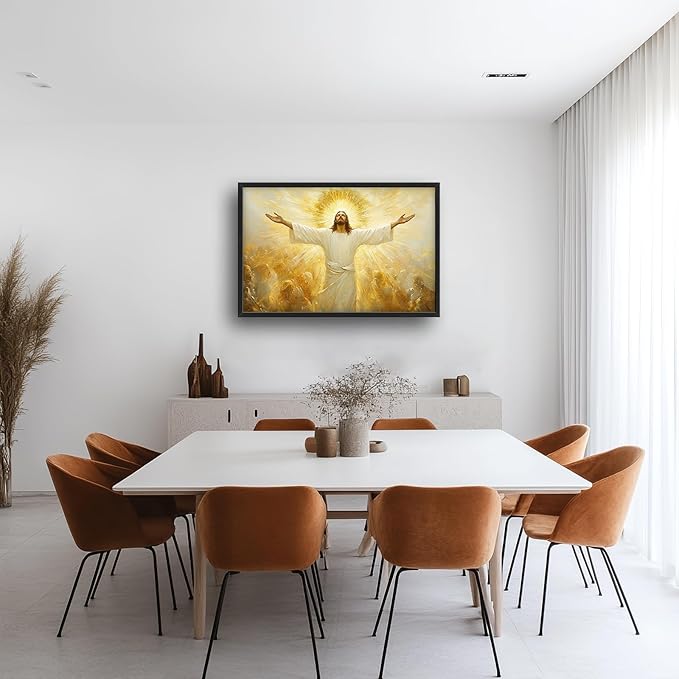 Jesus Framed Wall Art for Living Room, Large Christ Canvas Wall Decor, Jesus Golden Light Pictures Painting, Modern Artwork for Bathroom Bedroom Office 36L'' × 24W''