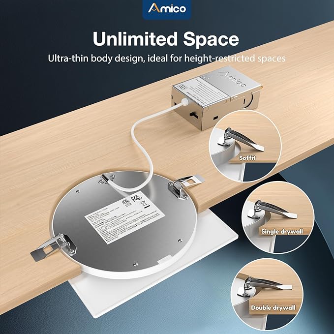 Amico 6 Pack 6 Inch Ultra-Thin LED Square Recessed Light with Junction Box, 5CCT 2700K/3000K/3500K/4000K/5000K Selectable, 1050LM Brightness, Dimmable Canless Wafer Downlight, 12W, ETL&FCC