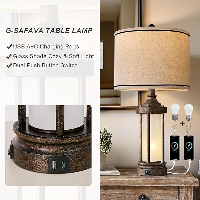 25'' Table Lamps Set of 2 for Living Room Bedroom Farmhouse Metal Lamps with 2 USB Ports, Built-In Frosted Glass Night Light Vintage Industrial Nightstand Bedside Lamp, 4 Bulbs Included, Bronze