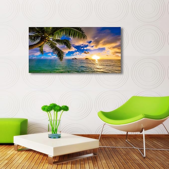 Seascape Sunset Pictures Canvas Wall Art For Living Room Bedroom Wall Decor,Palm Wall Art Print Paitnings For Home Decor,Morden Artwork Coconut Tree Canvas Art Waterproof Ready To Hang-28x57 Inches