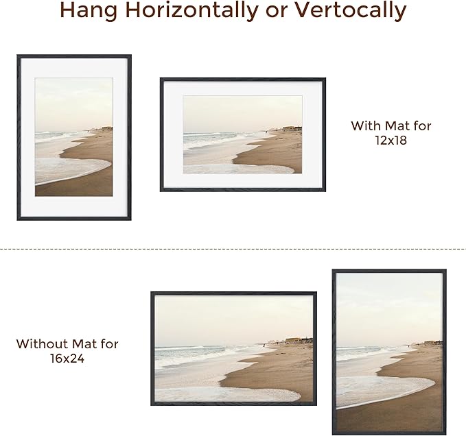 16x24 Wood Picture Frame, Real Oak Wood 16 x24 Frame for Wall, 16x24 Inch Poster Frame, 16x24 Picture Frame Matted to 12x18, 16 by 24 Wooden Frame, Black Color, 1 Pack