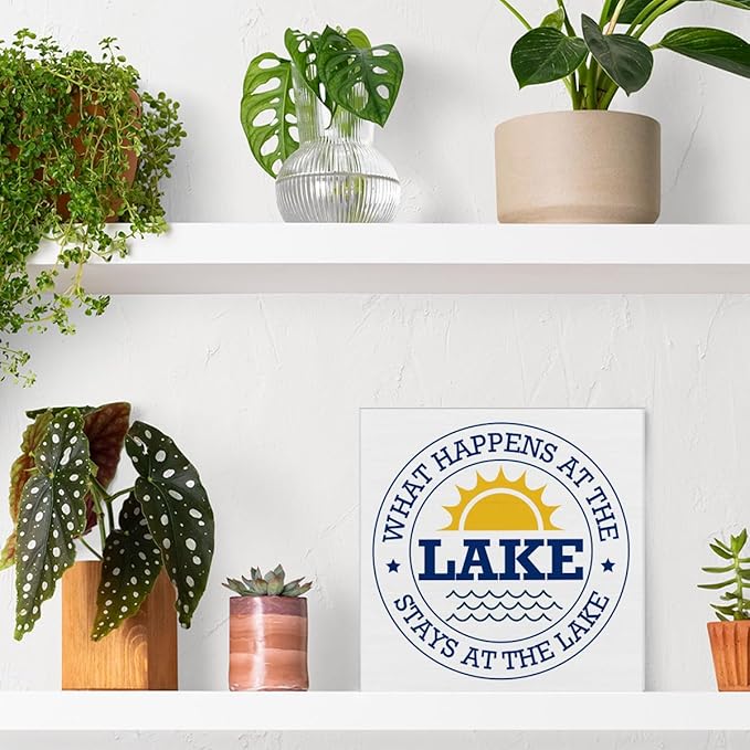 Lake Sign Decor What Happens at the Lake wooden Block Sign Home Lake House Desk Table Shelf Decoration, polychrome
