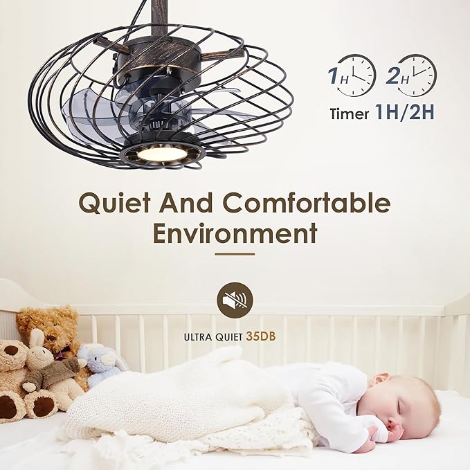 15" Outdoor Ceiling Fan with Light, Waterproof Gazebo Fan Remote Control, Dimmable LED Light, Hanging Black Caged Ceiling Fixtures with Plug in Cord for Patios Pergola, Black Gold