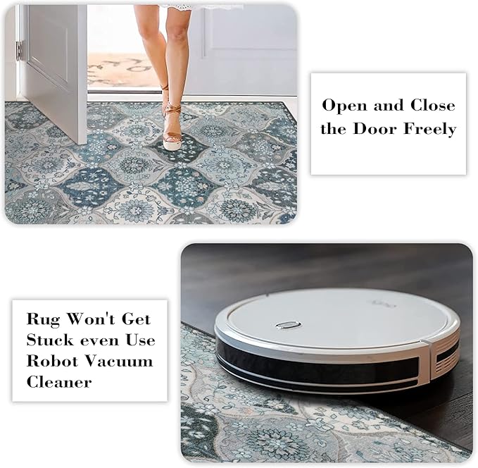 Lahome Moroccan Trellis Round Rug, 5ft, Blue, Faux Wool, Machine Wash, Non-Slip Backing, Low Pile, Floral Pattern, Area Rug for Bedroom, Living Room, Bathroom