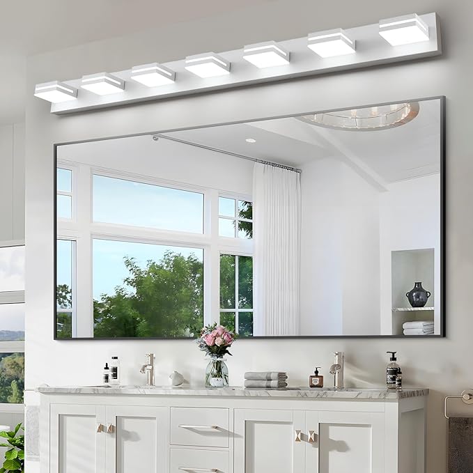 SineRise LED Modern Bathroom Vanity Light Fixtures (7-Light, 55-Inch, Dimmable), Matte White Modern Acrylic Bathroom Wall Lighting Fixtures Over Mirror (Cool White 6000K)