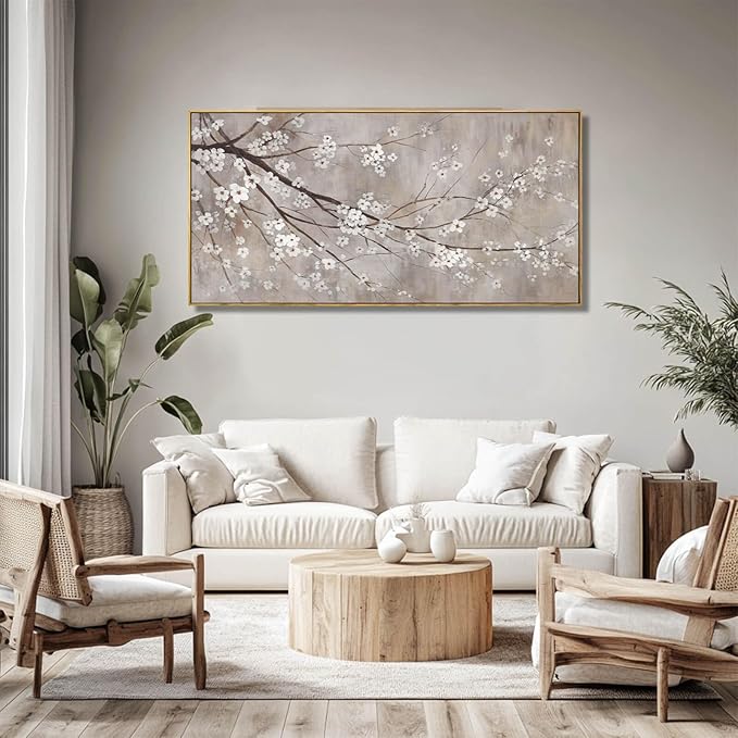 XIANSHOU Plum blossom Wall Decor White Flowers Painting on Canvas Nature Wall Art for Bedroom 24"x 48" Wall Decorations for Living Room Office