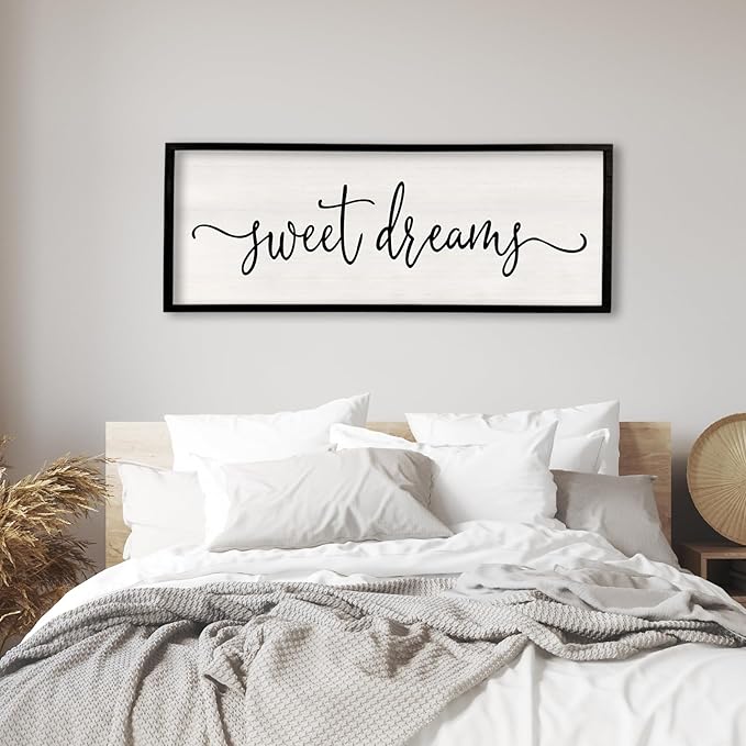 Surfapans Sweet Dreams Wall Decor Above Bed 40"x15" ofr Master Bedroom Guest Room Wood Framed Rustic Over Bed Wall Art Sign (Black)