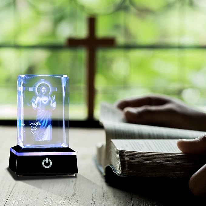 Movdyka 3D Crystal Cross Jesus Missionary Figurine with Colorful Light Base, Religious Gifts for Women Men Christian, Laser Engrave Inspirational Gifts for Friends Faith on Birthday Unique