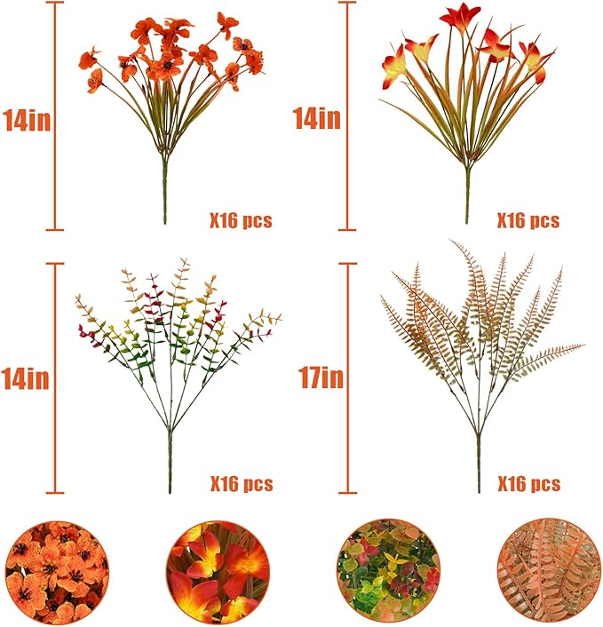 64 Pcs Artificial Fall Flower Outdoor Fake Fall Flowers UV Resistant Faux Fall Eucalyptus Plants for Home Porch Planter Garden Thanksgiving Fall Decor