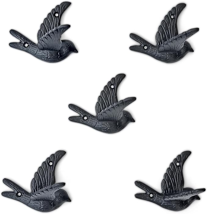 Ambipolar 5-Pack Bird Flying Style Coat Hooks, Vintage Black Hooks for Coats, Hats, and More, Sturdy Cast Iron Construction, Rustic Farmhouse Theme, Easy Installation Versatile and Durable