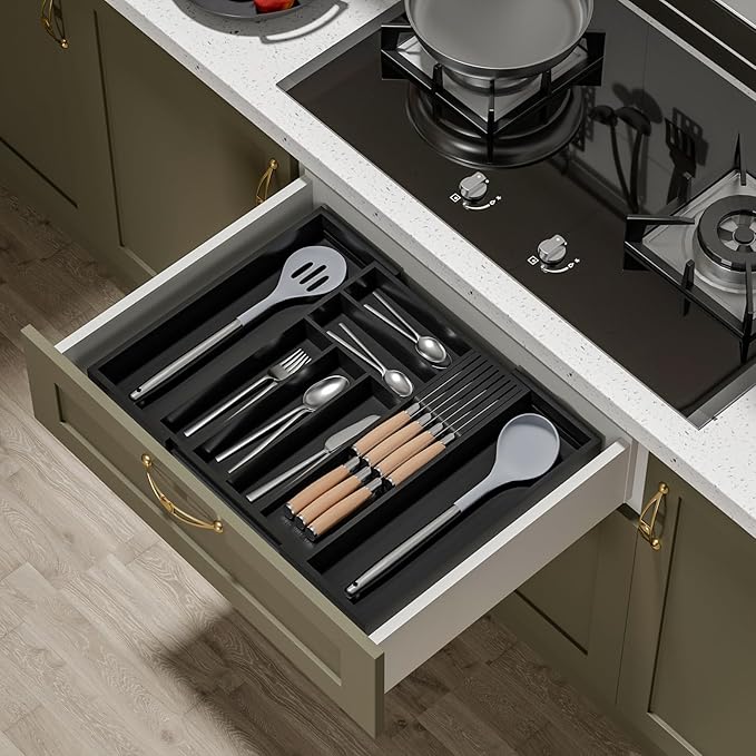 Bamboo-Silverware-Drawer-Organizer-Kitchen, Expandable Utensil Holder Cutlery Tray Flatware Organization Adjustable Wood Tableware Dividers Storage (with Removable Knife Block)(Black)