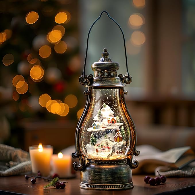 14.2" Christmas Village Buildings Tall Snow Globe Lantern Water Glittering Snowman Family with Music & Timer, USB Lined/Battery Operated Lighted Lantern for Christmas Festival Decoration Gifts
