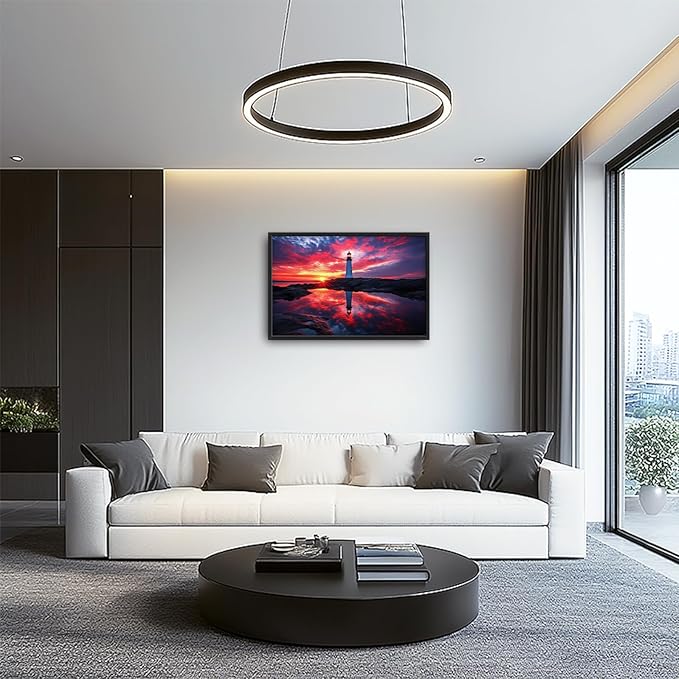 Olivine Lighthouse Wall Art, Nautical Coastal Pictures Wall Decor, Beach Sunset Paintings, Ocean Canvas Prints, Framed Artwork for Bathroom Bedroom Living Room Office Home Decoration 36"x24"