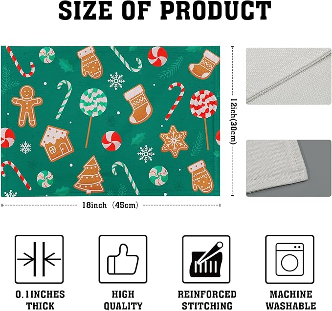 Gingerbread Placemats 12×18 Inches Set of 4 Holiday Green Indoor Kitchen Dining Table Place Mats for Home Party Decoration
