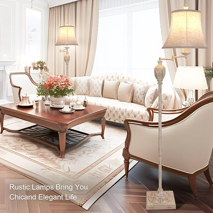 Traditional LED Floor Lamp with 350° Adjustable Swing Arm Lamp – Vintage Pole lamp Swing arm for Living Room, Bedroom and Office – Rustic Upright Floor Light for Home Décor with Faux Silk Fabric Shade