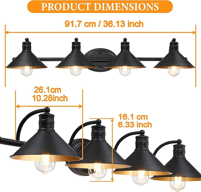 4 Light Bathroom Vanity Light Over Mirror - Black and Gold Farmhouse Wall Light for Bathroom Vanity Powder Room, Rustic Goose Neck Barn Style 4 Bulb Wall Sconce Over Kitchen Sink