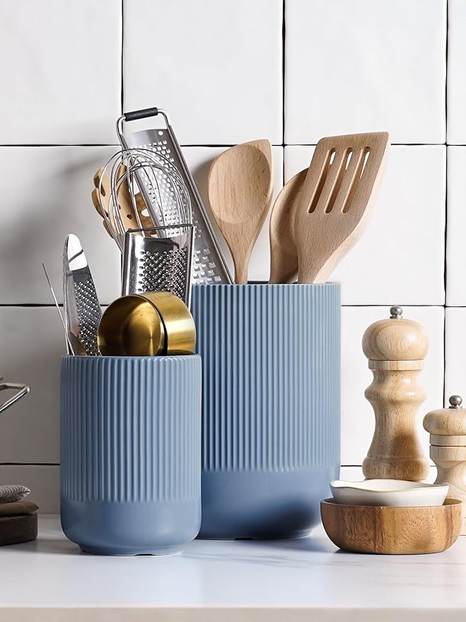 LE TAUCI Utensil Holder, 7.3"+5.4" Ceramic Kitchen Utensil Holder for Countertop, Large Cooking Utensil Crocks for Kitchen Counter, Modern Utensil Organizer for Spatula, Set of 2, Dusty Blue