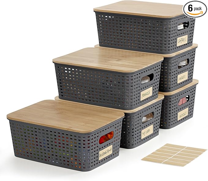 Small Plastic Storage Bins with Bamboo Lids 5.2qt Stackable Box Basket Pantry Decorative Containers Cute with Lable for Organizing Desktop Closet Office Gray of 6 packs 10 * 7.2 * 4.1'’