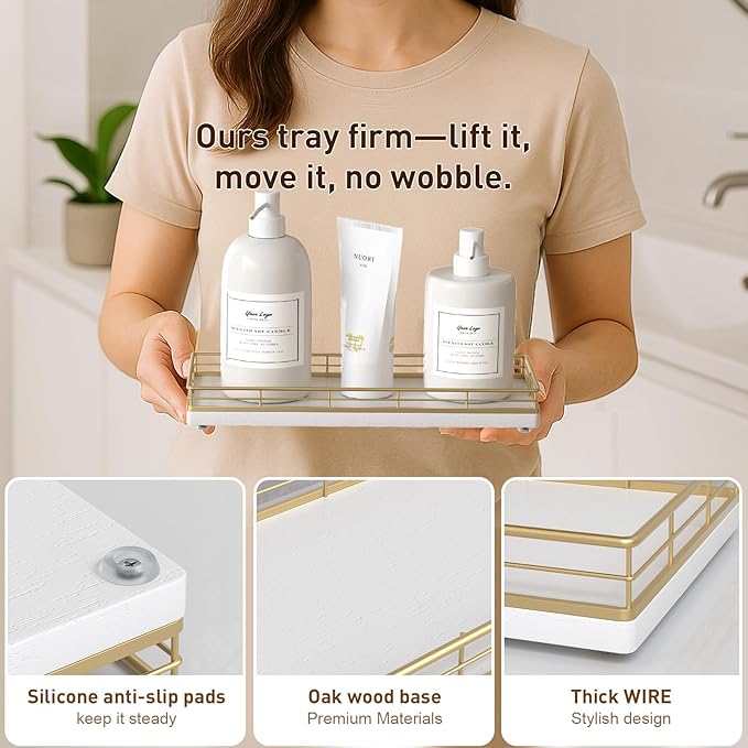Bathroom Tray for Counter Top Organizer – Oak Wood Vanity Tray with Metal Frame for Dresser, Kitchen, Nightstand – Gold & White Decorative Storage