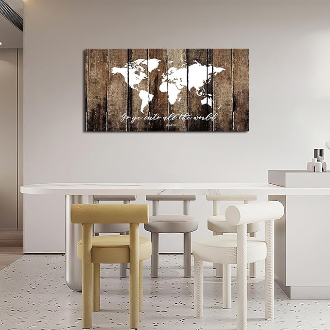 Large World Map Wall Art Rustic World Map Pictures Wall Decor Go Ye Into All The World And Preach The Gospel Canvas Painting Print Home Artwork Framed for Living Room Bathroom Master Bedroom 60"x30"
