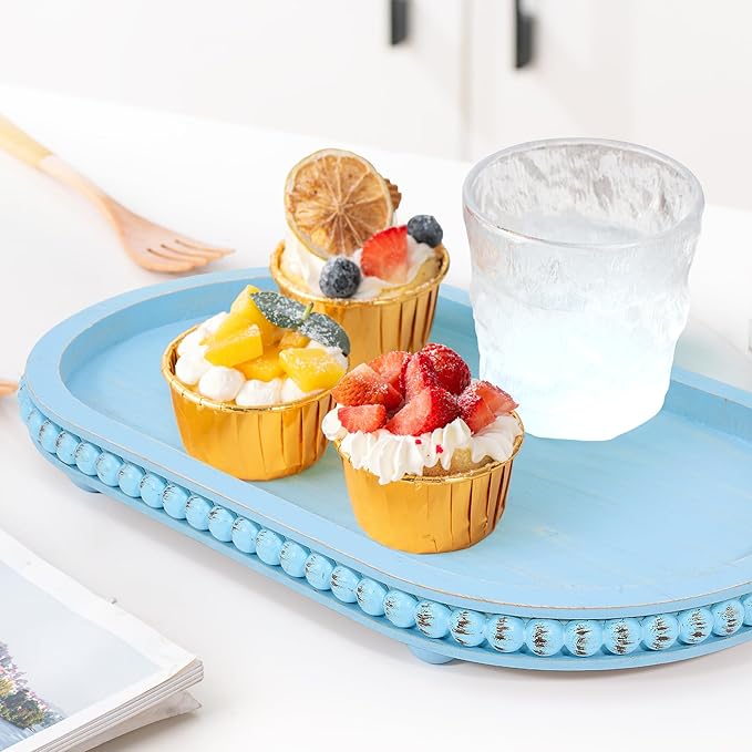 HPC Decor 15in Oval Light Blue Wood Beaded Tray for Home, Decorative Serving Tray, Rustic Farmhouse Wooden Trays for Vintage Centerpiece, Kitchen Counter, Living Room, Coffee Table