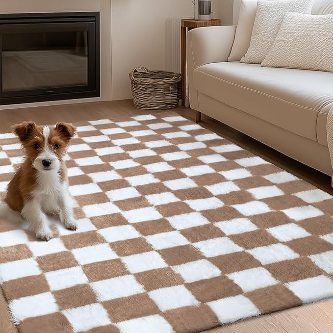 Checkered Rug 5x8 for Living Room, Beige and White Modern Shag Rug Super Soft Washable Indoor Fuzzy Carpet Non-Slip Fluffy Rugs for Bedroom Home Aesthetic Decor