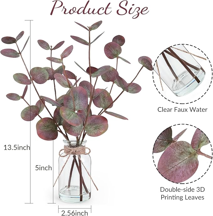 Artificial Eucalyptus Stems in Glass Vase with Faux Water, 14" Fake Plants for Home Decor, Coffee Table Centerpieces, Office, Bathroom & Farmhouse Weddings - Faux Plants Decorations