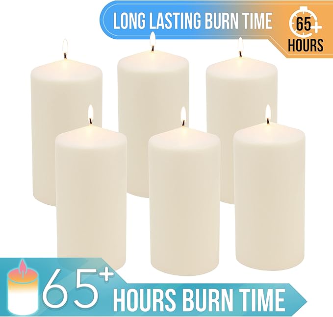 Stonebriar 6 Pack Tall 3 x 6 Inch 65 Hour Long Burning Unscented Ivory Wax Pillar Candles