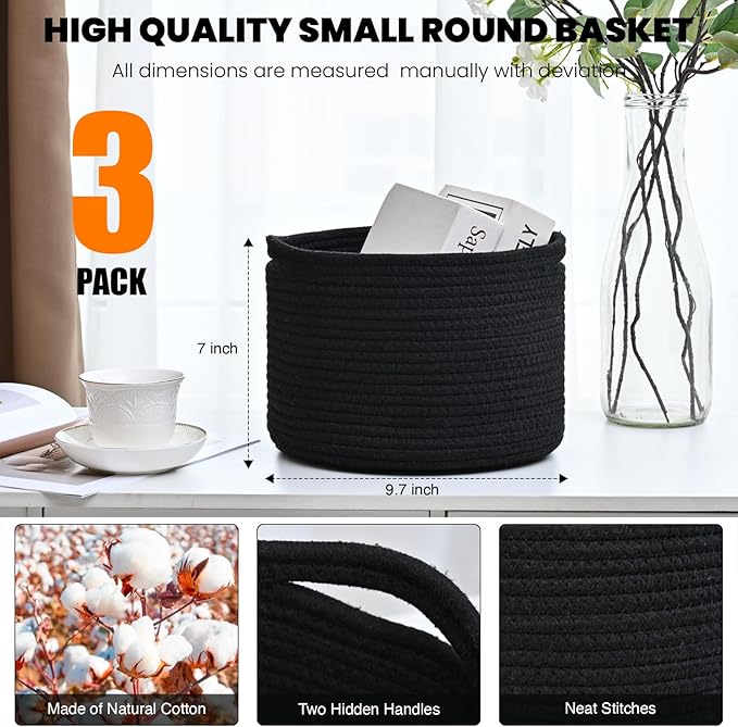 Small Black Baskets for Organizing, Storage Baskets for Shelves, Small Woven Basket for Storage, Cute Basket for Gifts, Mini Cotton Rope Baskets, 9.7"×9.7"×7" (3 Packs) Black