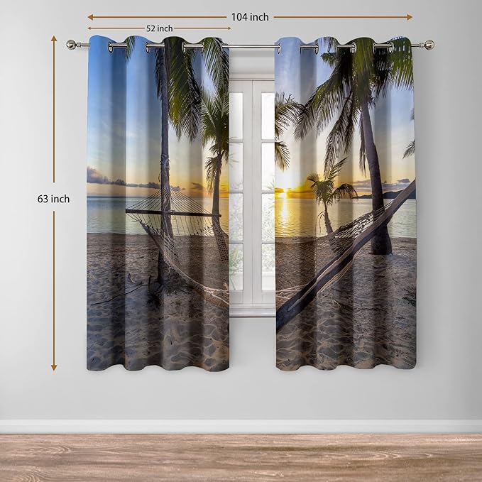 Jekeno Ocean Palm Trees Blackout Curtains Beach Sky Sunshine Seascape Decor for Bedroom Living Room Grommet Window Drapes 2 Panel Set, 52"x63"