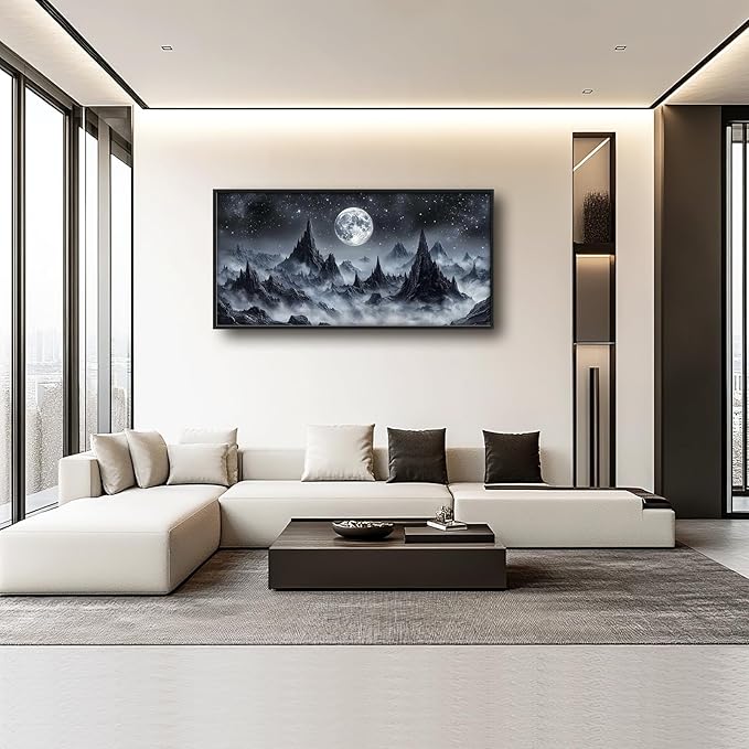 Olivine Mountain Large Wall Art, Moon Pictures Wall Decor, Nature Landscape Paintings, Night Mountains Canvas Prints, Framed Artwork for Dining Room Bedroom Living Room Office Bathroom Home 60"x30"