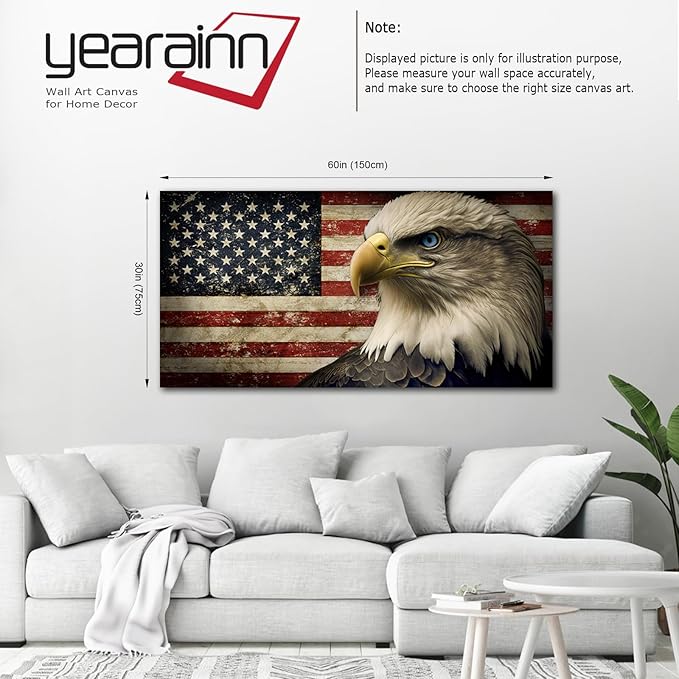 yearainn American Flag Wall Art - Flag of USA with Eagle Canvas Pictures for Wall Decor Patriotic Canvas Printing Artwork Vintage Rustic Design for Living Room Home Office Wall Decoration 29" x 58"