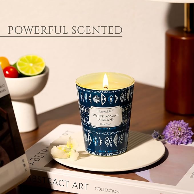 HomeLights Scented Candles for Women & Men, 6.7oz Candle Jars Aromatherapy Single Wick Candle, Ideal for Bohemian Natural Textures Home Decor and Gifts, White Jasmine Tuberose