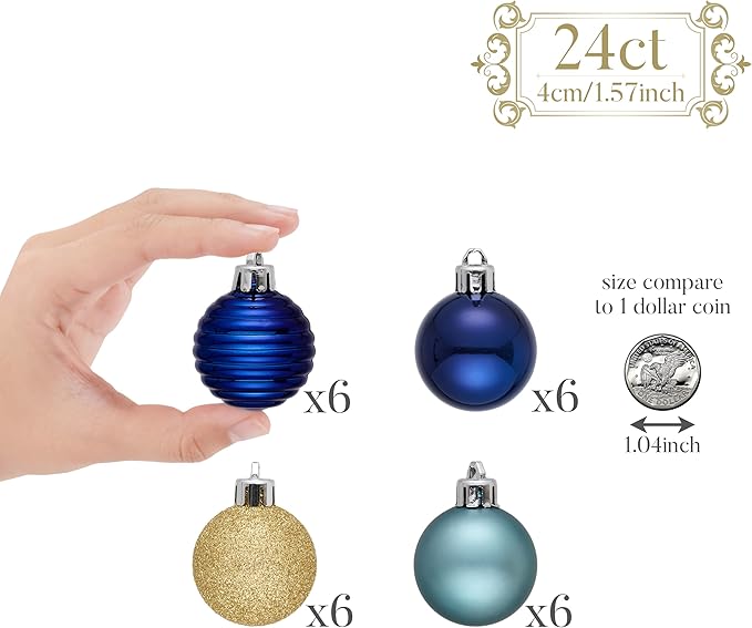Valery Madelyn 1.57 Inches Small Christmas Tree Decorations Ornament Set for 4th of July Fall Halloween, 24ct Blue and Gold Shatterproof Hanging Ball Ornaments Holiday Party Decor